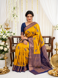 Sari en soie jaune à imprimé paon avec bordure bleue, tenue de mariage traditionnelle indienne pour femme, longueur au sol, sans plis, protection solaire - Product Image 5