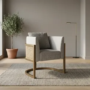 Sillón Moderno de Mimbre con Patas de Madera, Respaldo Sólido Relleno de Espuma, Sillón Individual con Cojín de Tela para Sala de Estar - Product Image 3