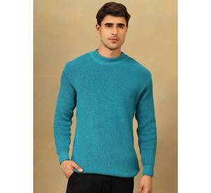 Pull en laine tricoté de couleur turquoise unie pour homme de qualité supérieure |   Pull d'hiver à col rond avec motif géométrique, séchage rapide et doux - Product Image 5