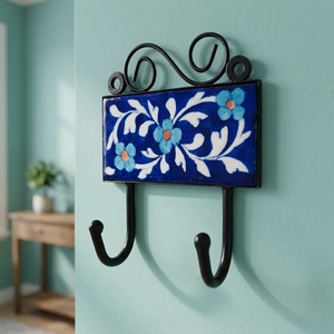 Rustic Ceramic Wall Coat <b>Hook</b> Blue Floral Tile Design 2 <b>Hooks</b> Eco-Friendly Adjustable Self-adhesive for Clothing Storage - Product Image 3
