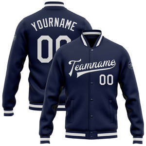 Veste de baseball personnalisable pour homme, style universitaire marine, avec lettres imprimées, nom d'équipe brodé, patchwork, en polyester - Product Image 1