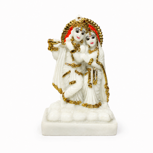 Handcrafted Resin Art Deco Krishna Radha <b>Statue</b> White <b>Gold</b> Accents Rectangle Traditional Home Decoration for Diwali Tabletop - Product Image 1