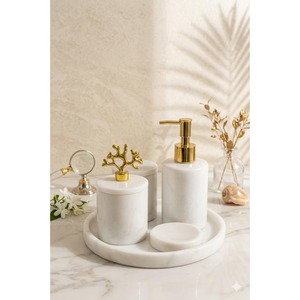 Luxury Marble Bathroom Set Four-Piece Round Soap Dish <b>Toothbrush</b> <b>Holder</b> Soap Dispenser Gold Trim Easy To Clean - Product Image 2