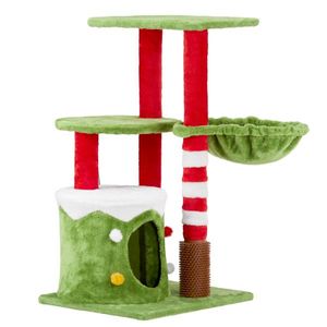 32in Christmas Themed Plush Cat Tree Cat Scratching Posts Tower with Cat Condo Hammock and Activity CE for Cat Massage Brush - Product Image 3