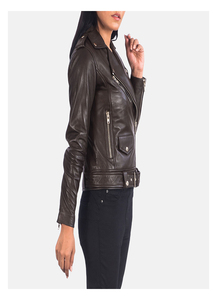 Chaqueta de Motociclista de Cuero Genuino Negro para Mujer, con Cierre de Cremallera, Cuello Alto, Manga Larga, Estilo Otoñal - Product Image 5