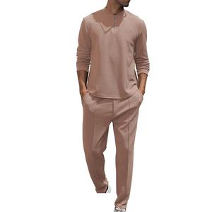 Men's Gray Quarter-Zip Short Sleeve T-Shirt and Pants Set Solid Color Knitted Breathable Casual Summer Wear - Product Image 5