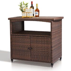 Marrone Carrello da Bar da esterno con ruote rotanti per Patio vimini mobile da Buffet cucina per servire tavolo di preparazione - Product Image 2