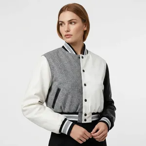 Veste universitaire pour femme respirante en tricot avec blocs de couleur, manches en cuir, corps en mélange de laine, col boutonné, pour l'automne - Product Image 3
