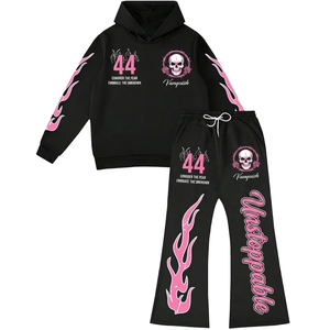 Conjunto de Sudadera con Capucha y Pantalones Largos Acampanados de Chándal para Mujer, Diseño Calavera y Llama, Negro y Rosa, Estilo Urbano, Transpirable, Poliéster, Otoño - Product Image 1