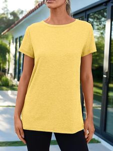 Camiseta de Punto de Algodón para Mujer, Cuello Redondo, Manga Corta, Corte Regular, Color Amarillo Sólido, Transpirable, Informal, para Primavera/Verano - Product Image 1