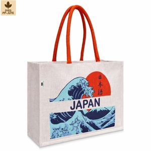 Bolsa de Yute Blanca Teñida, Modelo Japan Power Wave, Grande, 40x29x15 cm, Asa Naranja, Impresión Serigrafiada, Bolsa de Playa, Compras, Regalo, Venta al Por Mayor, OEM, B2B - Product Image 1