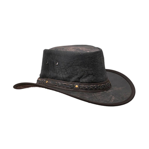 Chapeau de cowboy en cuir noir vieilli, style western, avec bande tressée et œillets, large bord, unisexe, vintage, chapeau de brousse Outback, pour usage quotidien - Product Image 2