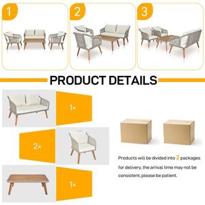 Ensemble de mobilier de patio 4 pièces en bois d'acacia, résistant aux intempéries, avec canapé en corde, table basse et causeuse, design moderne pour zones de conversation - Product Image 6