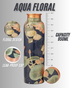 Designer <b>Copper</b> Water <b>Bottle</b> 900ml with Lotus Floral Print, Leakproof <b>Copper</b> Cap, Ayurvedic <b>Drinking</b> Water <b>Bottle</b> for HealTH - Product Image 2