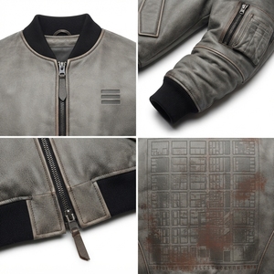 Heavy Oil-Washed Distressed Steerhide Leather MA-1 Bomber Jacket 1.4mm Thick Cropped Boxy Fit Vintage Concrete Gray - Product Image 4
