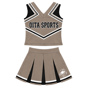 Ensemble d'uniforme de cheerleading taupe, noir et blanc, avec crop top sans manches à col en V et jupe plissée, pour spectacle de danse et équipe de cheerleading - Product Image 2
