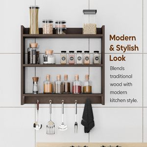 Estante de Cocina para Montar en la Pared con Ganchos |   Estante de Almacenamiento de Madera que Ahorra Espacio para Frascos, Especias, Botellas de Aceite y Vajilla - Product Image 3