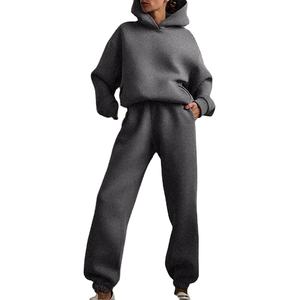 Pantalon à capuche pleine longueur de couleur unie pour femmes, ensemble de survêtement 100% coton à taille élastique, grande taille, vente en gros - Product Image 2