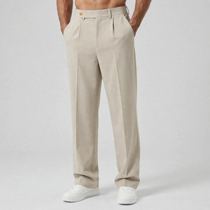 Pantalon droit beige pour homme, taille mi-haute, fermeture à cordon, décontracté, automne, séchage rapide, coton, poches latérales, polyester tricoté - Product Image 1