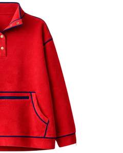 Sweat-shirt rouge surdimensionné en polaire pour femme avec col à boutons, poche kangourou, liseré contrastant, épais, décontracté pour l'hiver - Product Image 4