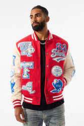 Red Men's Varsity <b>Jacket</b> with Patchwork Design and Applique Embroidery Preppy Style Turn-down Collar Regular Fit - Product Image 3