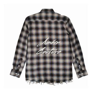 เสื้อเชิ้ตผู้ชายสไตล์สตรีทแวร์ลายสก็อต แขนยาว ปกคอพับ ขอบดิบ ผ้าฝ้ายทอลายตารางแฟชั่น ทรงอเมริกัน - Product Image 2