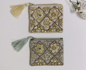 Porte-monnaie brodé de perles, motif floral doré, pochette zippée, portefeuille style vintage, fait main, Crafeta Exports - Product Image 2