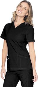 Haut de blouse médicale noir à col en V pour femme, manches courtes, extensible, grande taille, uniforme d'infirmière, marque privée - Product Image 2