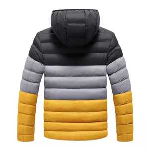 เสื้อแจ็คเก็ตบุนวมลายทางสีดำ เทา เหลืองสำหรับผู้ชาย – เสื้อคลุมกันหนาวแบบมีฮู้ดสไตล์ลำลอง - Product Image 4