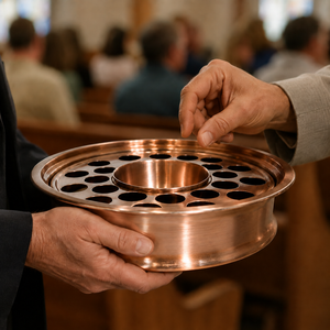 Plateau de service de communion en acier inoxydable finition cuivre, assiette de bénédiction ronde avec bol central pour usage religieux - Product Image 3