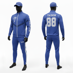 Traje de entrenamiento de fútbol americano para hombre, premium, 220 GSM, poliéster y spandex, gris y azul con paneles en contraste, logotipo con transferencia térmica. - Product Image 5