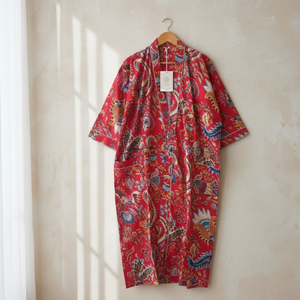 ชุดคลุมกิโมโนผ้าฝ้ายอีโค่สำหรับผู้หญิง ชุดนอนคอวี แขนยาว ความยาวเต็มตัว มีกระเป๋าหน้า 2 ช่อง ลายดอกไม้พิมพ์ลายดอก  ชุดคาฟตัน - Product Image 4