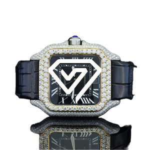 Montre automatique de luxe pour homme avec cadran noir de 41 mm, diamants en moissanite, bracelet en cuir véritable, chiffres romains - Product Image 5