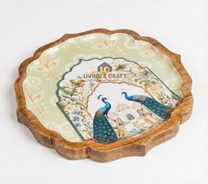 Plateau de service en bois imprimé paon, motif floral, bord festonné, pour thé, collations et décoration intérieure – Meilleures ventes - Product Image 3
