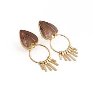 ต่างหูรูปหัวใจหินอาเกตสีเบจ ต่างหูหินธรรมชาติ ดีไซน์ศิลปะ ชุบทอง งานแฮนด์เมดสุดหรู - Product Image 3