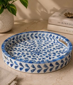 Plateau de service rond en bois écologique avec poignées décoratives en bois et résine à motifs floraux, durable, 12 pouces, usage résidentiel - Product Image 2