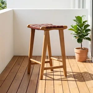 Modern Teak Wood Rectangle <b>Bar</b> <b>Stool</b> with Slat <b>Back</b> Durable Minimalist Design for Home <b>Bar</b> Furniture by Tacco - Product Image 1