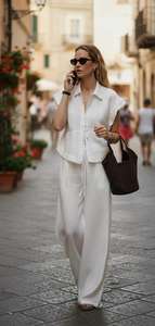 Elegante Conjunto Coordinado de Lino Blanco Hecho a Mano para Mujer, Estilo Veraniego, Camisa de Manga Corta Artesanal y Pantalones Anchos - Product Image 3