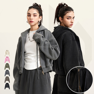 Clothing Manufacture Custom 400gsm Oversized <b>Black</b> Blank Aicd Wash Zip up Hoodie Oversized Zipper Hoodie - Product Image 1