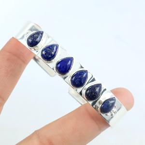 Handmade 925 Sterling Silver Plated Natural Lapis Lazuli Gemstone Multi <b>Stone</b> Teardrop Cabochon Statement Cuff <b>Bracelet</b> - Product Image 2