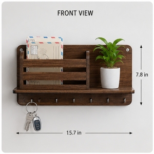 Wood <b>Wall</b> Shelf Single Tier With <b>Hooks</b> And Plant Holder Minimalist Storage Rack For <b>Keys</b> And Decor - Product Image 1