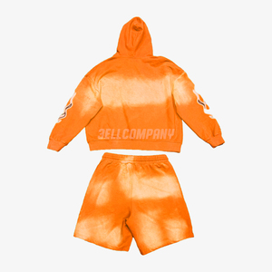 Ensemble de survêtement pour homme tie-dye orange personnalisé, sweat à capuche zippé et short, tenue streetwear - Product Image 2