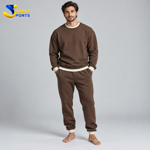 Ensemble de survêtement pour homme en coton marron à double couche, col rond, manches longues, couleur unie, sweat-shirt et pantalon décontractés avec poches latérales - Product Image 1