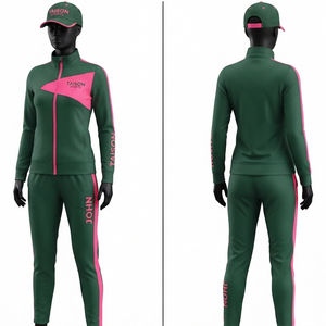Ensemble d'entraînement de squash unisexe en polyester interlock premium 300g, vert uni avec empiècements roses, logo personnalisé par transfert thermique, vêtements de sport - Product Image 1