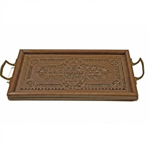 Plateau de service antique victorien en chêne massif sculpté à la main avec poignées en laiton, décoration d'intérieur, plateau marocain pour la cuisine et la salle à manger - Product Image 1