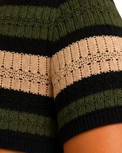 Combinaison en tricot rayée noire, verte et beige pour femme, manches courtes, col polo, été, décontractée, une pièce, coupe ajustée, design personnalisé - Product Image 6