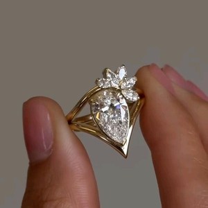 2.01CT Pear Cut Diamond Floral Cluster <b>Ring</b> Set For Unisex Lab Grown 14K Solid Gold Fine <b>Proposal</b> For Wedding Occasion Jewelry - Product Image 3