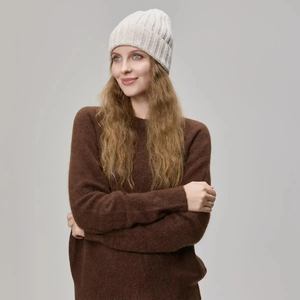 Bonnet en tricot côtelé crème pour femme, avec logo personnalisé, chaud pour l'hiver, bonnet extensible unisexe en gros - Product Image 1