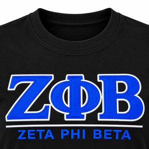 Zeta Phi Beta <b>T</b>-<b>Shirt</b> <b>Women</b> <b>Black</b> Royal Blue Greek Letter Twill Applique Name Bar Crew Neck Short Sleeve Fitted Sorority Tee - Product Image 5