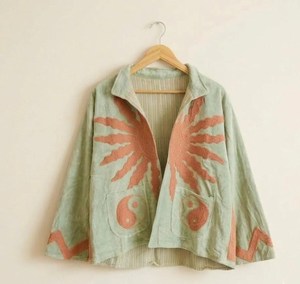 Veste en velours beige pour femmes, brodée au style Suzani, en coton tissé, motif floral marron, col rabattu, manches longues, vêtement d'extérieur pour l'hiver - Product Image 5